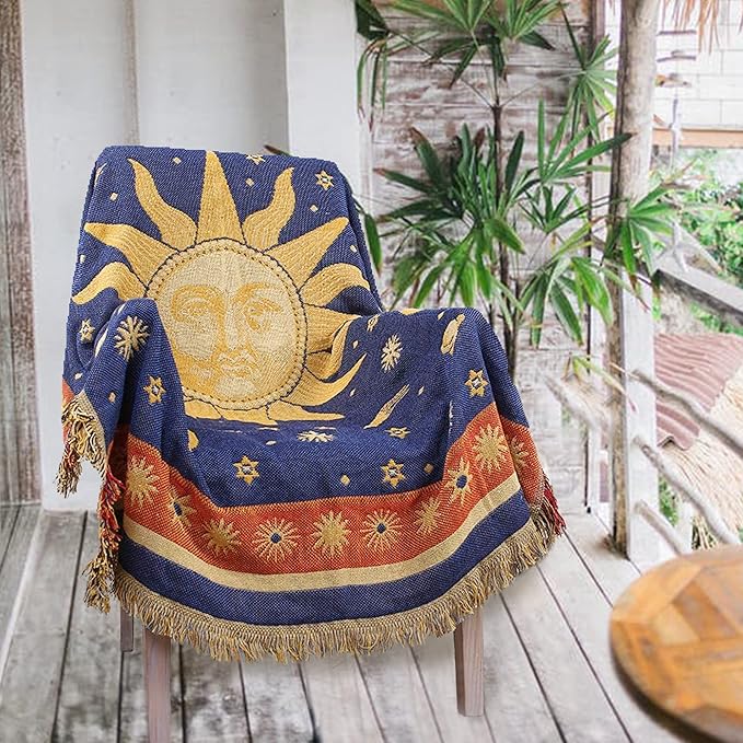 Hippie Throw Blanket Sun Moon Stars Boho Throw Blankets Celestial Tapestry Double-Sided Reversible Woven Cotton Home Decor Bedding Chair Couch Recliner Cover Oversized Tassels Astrology 70"x90"