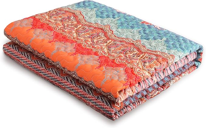 Exclusivo Mezcla 50"x 60" Quilted Throw Blanket- Microfiber Quilt Throw with Boho Striped Pattern, Reversible Teal and Orange Versatile Lap Quilt for All Seasons, Lightweight Throws for Bed/Couch/Sofa