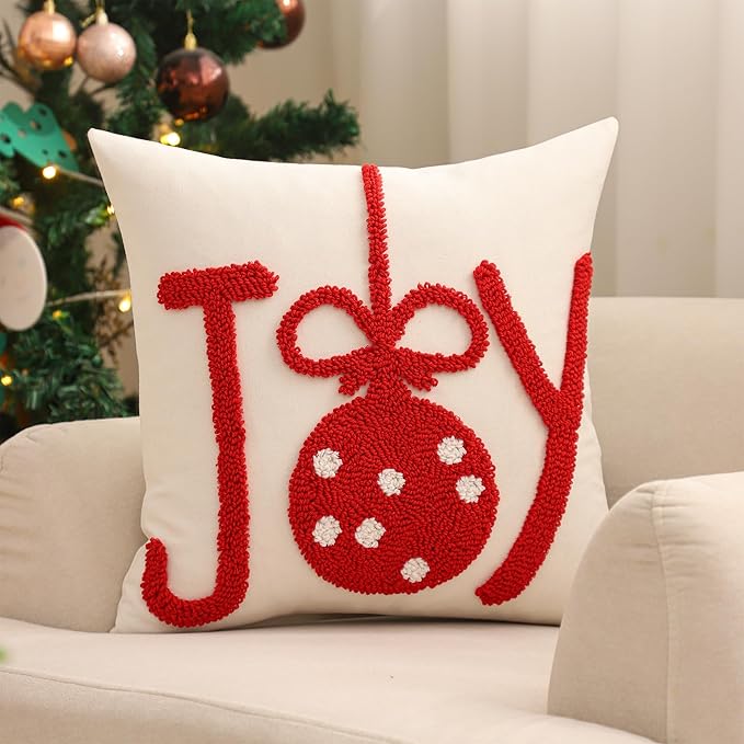 Tosleo Christmas Tufted Pillow Covers 18 x 18 inch Set of 2 Red Xmas Joy Throw Pillow Cover Xmas Party Decor Winter Holiday Embroidery Cushion Case for Sofa Couch Bed Living Room