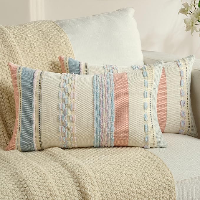 FUTEI Pink Blue Decorative Throw Pillow Covers 12x20 Inch Set of 2, Soft Tufted Striped Textured Accent Pillow Case,Boho Pillows for Couch Decor