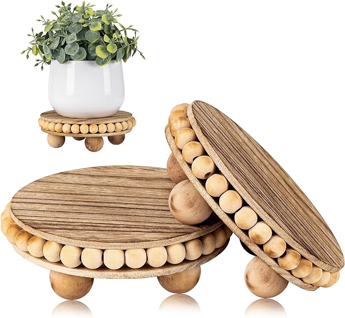 HouseJoy 2Pcs Wood Risers for Display Decorative,Round Beaded Riser Distressed for Decor ,Wooden Farmhouse Coasters Mini Cake Stand Plant Stand,Rustic Pedestal Stand Decor Display Risers for Tiered