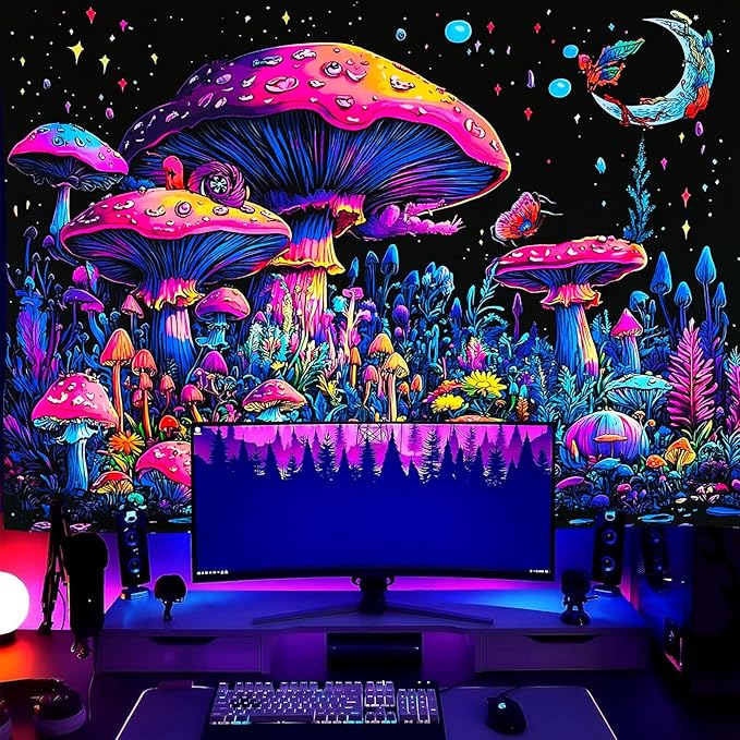 TUGCAY Blacklight Mushroom Tapestry Fantasy Forest Moon Butterfly Plant Snail Tapestry UV Reactive Aesthetic Wall Hanging Tapestries for Bedroom Dorm Living Room Classroom Decor 90 x 70 Inches