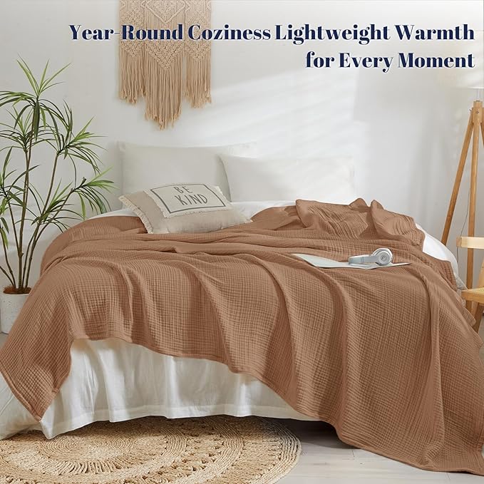 PHF 100% Cotton Muslin Blanket King Size 108"x90", 4-Layer Lightweight Gauze Throw, Breathable Cloud-Soft Minimalist Blanket for Bed, Couch, Camping & Baby, Coco Brown, Ideal Gift