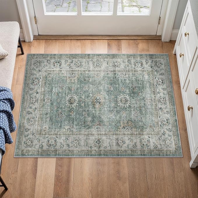 2x3 Washable Area Rug for Entryway Teal Blue Vintage Non-Slip Low Pile Distressed Rustic Carpet Door Mat Soft Small Throw Rug for Indoor Entrance Bathroom
