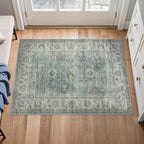2x3 Washable Area Rug for Entryway Teal Blue Vintage Non-Slip Low Pile Distressed Rustic Carpet Door Mat Soft Small Throw Rug for Indoor Entrance Bathroom