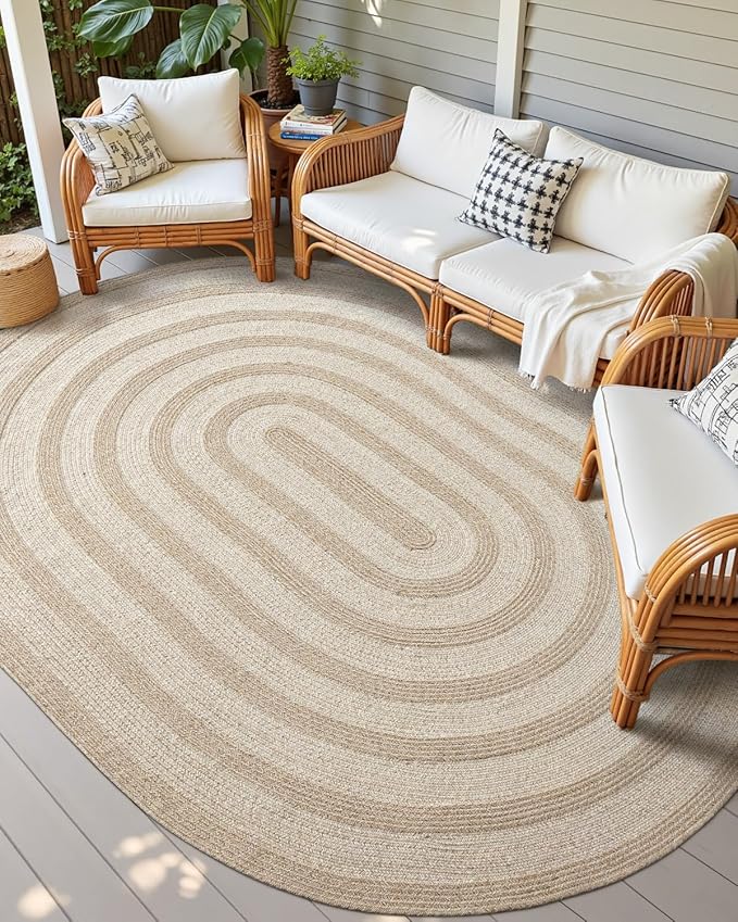 DEXI Jute Area Rug Natural Fiber 8x10 Oval, Woven Braided Durable Farmhouse Design Rugs for Living Room, Bedroom Dinning Room Office Outdoor Patio Beige