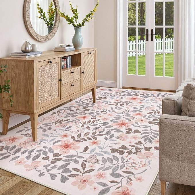 Lahome Reverie Apricot Girls Nursery Decor Rug 5x7, Fall Floral Boho Bedroom Carpet, Washable Soft Low Pile Area Rugs for Kids Room, Dorm Room Essentials, Reading Nook