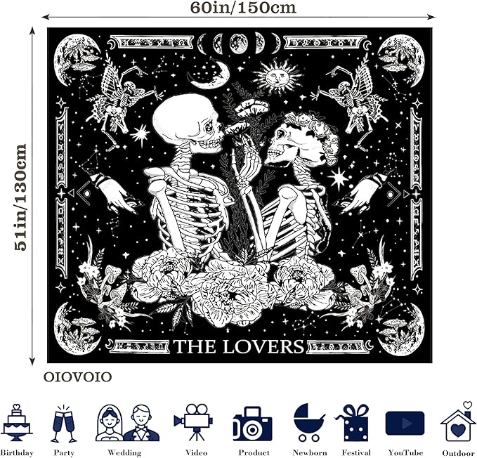 OIOVOIO The Lovers Tapestry Gothic Wall Tapestries Black and White Skeleton Mushroom Grunge Dark Witchy Wall Hanging for Home Decor Aesthetic Bedroom Living Room Dorm Decor (59"x51", Lovers)