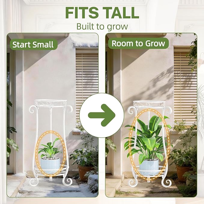iDavosic.ly 2 Tier Metal Plant Stand Indoor Outdoor, Iron Corner Tall Flower Pot Holder Shelf, 27 Inch Vertical Heavy Duty Display Rack for Patio Porch Living Room Garden, White