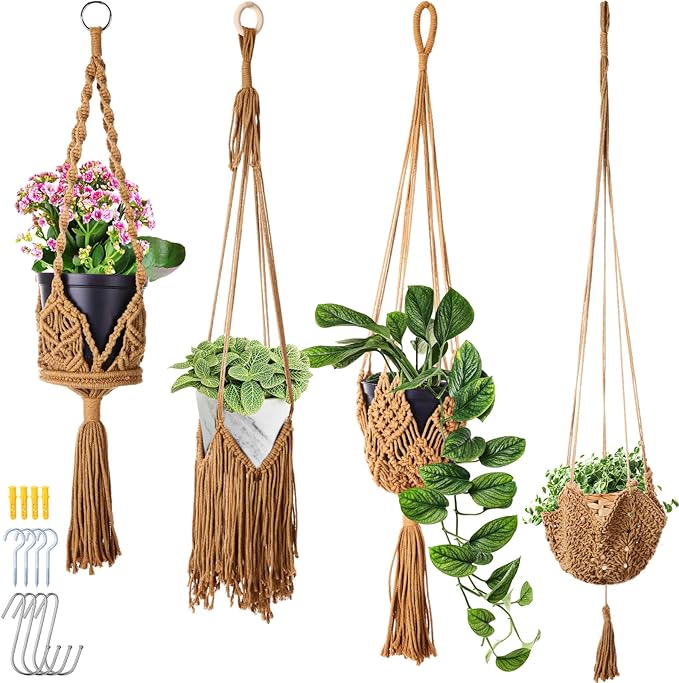 4 Packs Macrame Plant Hangers with Tassels Boho Crochet Hanging Plant Basketball for Indoor Outdoor Plant Hanger with 4 S Shaped Hooks for Home Decor Window Flower Pot(Brown)