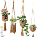 4 Packs Macrame Plant Hangers with Tassels Boho Crochet Hanging Plant Basketball for Indoor Outdoor Plant Hanger with 4 S Shaped Hooks for Home Decor Window Flower Pot(Brown)