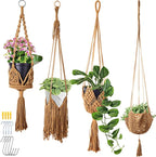 4 Packs Macrame Plant Hangers with Tassels Boho Crochet Hanging Plant Basketball for Indoor Outdoor Plant Hanger with 4 S Shaped Hooks for Home Decor Window Flower Pot(Brown)
