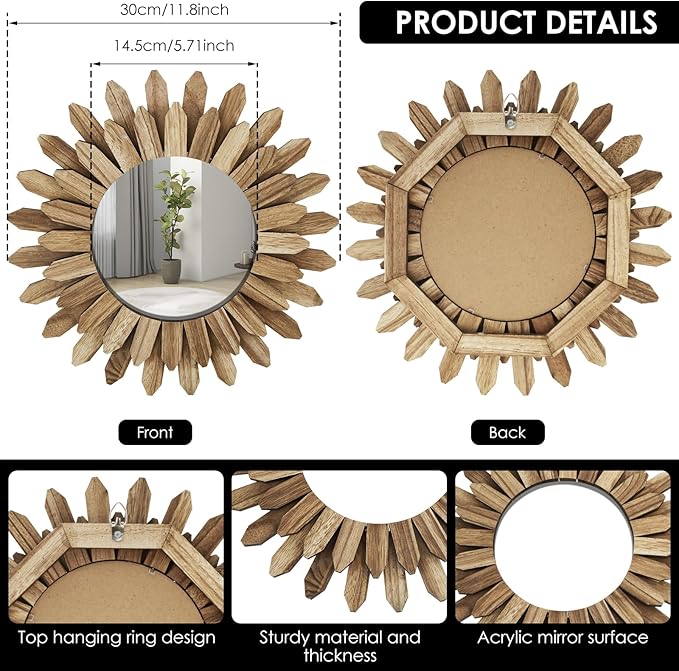 Mirror Wall Decor 12 inch Boho Mirror Home Decor Rustic Round Wood Mirror Wall Mirror Decorative Sunburst Mirror Boho Mirror Home Wall Decor Farmhouse Wall Decor for Bedroom Living Room Entryway