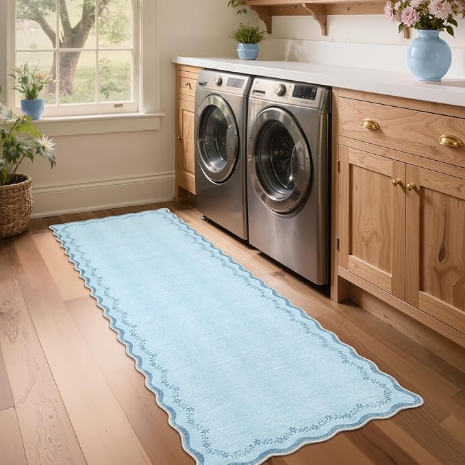 GarveeHome 2.5x8 Valentines Scalloped Washable Runner Rug for Kitchen, Soft Blue Long Hallway Runner Non Slip Entryway Rug Farmhouse Thin Laundry Mat Stain Resistant Carpet for Bathroom Beside Rug