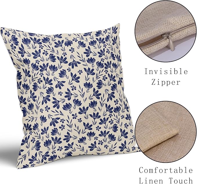 Navy Blue Floral Pillow Covers 16x16 Set of 2 Vintage Rustic Old Style Cute Small Flower Blue Cream Print Decorative Outdoor Pillowcases Farmhouse Throw Cushion Case Decor for Couch Sofa Bed