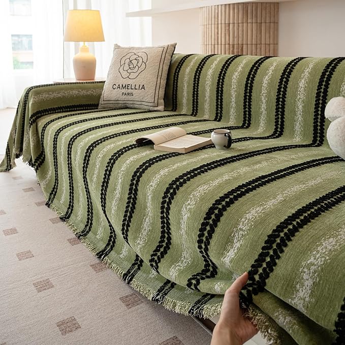 VClife Chenille Sofa Cover Bohemian Striped Pattern Couch Cover for 2 Cushion Sofa - Sage Green Black Textured Sofa Slipcover Washable Furniture Protector for Couch Decorative Couch Cushion Cover
