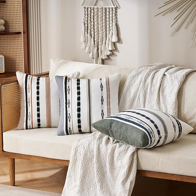 Boho Pillow Covers 18x18 Square Farmhouse Decorative Cushion Case Striped Square Cushion Cover Cozy Soft Neutral Throw Western Pillows Protector Modern Decorative for Couch Sofa Bed, Set of 2