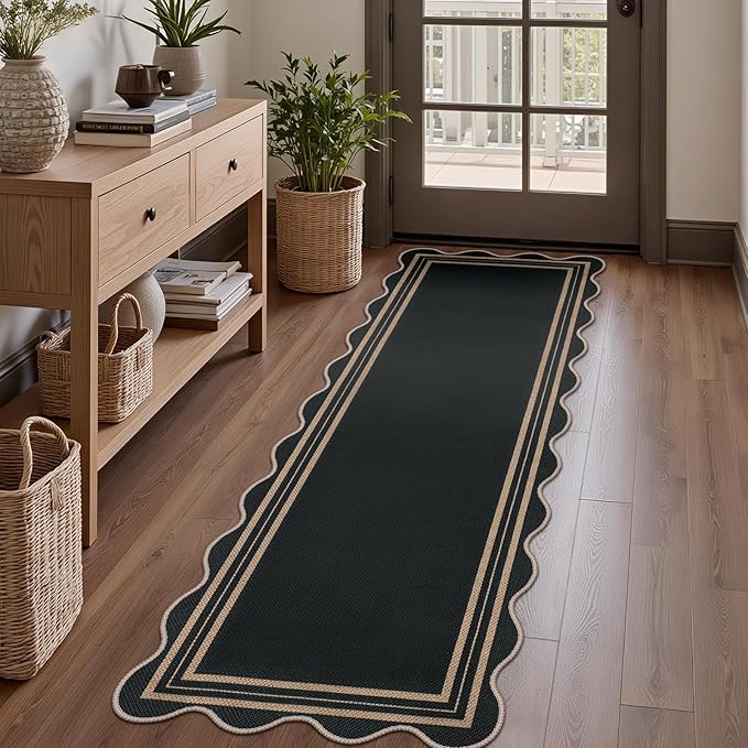 Easy Scalloped 2x6 Runner Rug for Hallway, Washable Kitchen Rugs Non Slip Outdoor Indoor Black Hallway Rug, Farmhouse Morden Carpet for Porch Bedroom Laundry