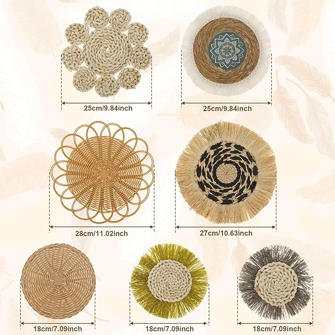 7Pack Boho Wall Basket Set Hanging Woven Wall Basket Decor Rattan Flat Round Wicker Wall Art Set Round Wall Art for Living Room Kitchen Office Bathroom Dining Room (Style 5)