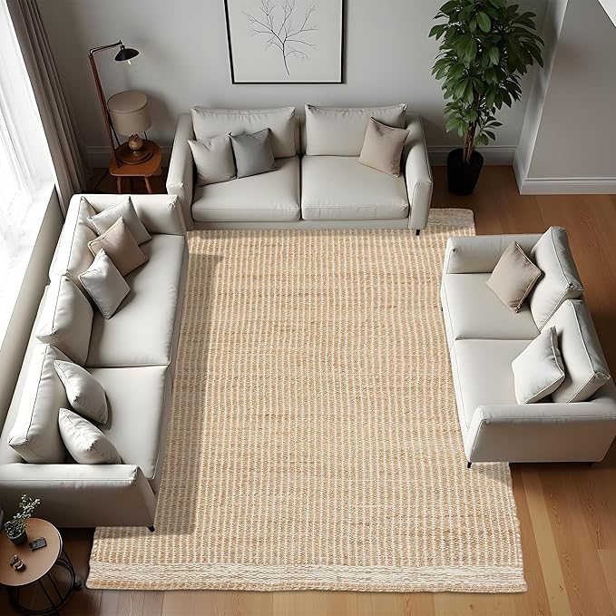 9' x 12' Jute & Wool Mini Check Area Rug with 4-Inch Border Handwoven mini Check Pattern – Living Room, Dining & Bedroom Rug, Neutral Indoor Natural Farmhouse Décor (9' x 12')