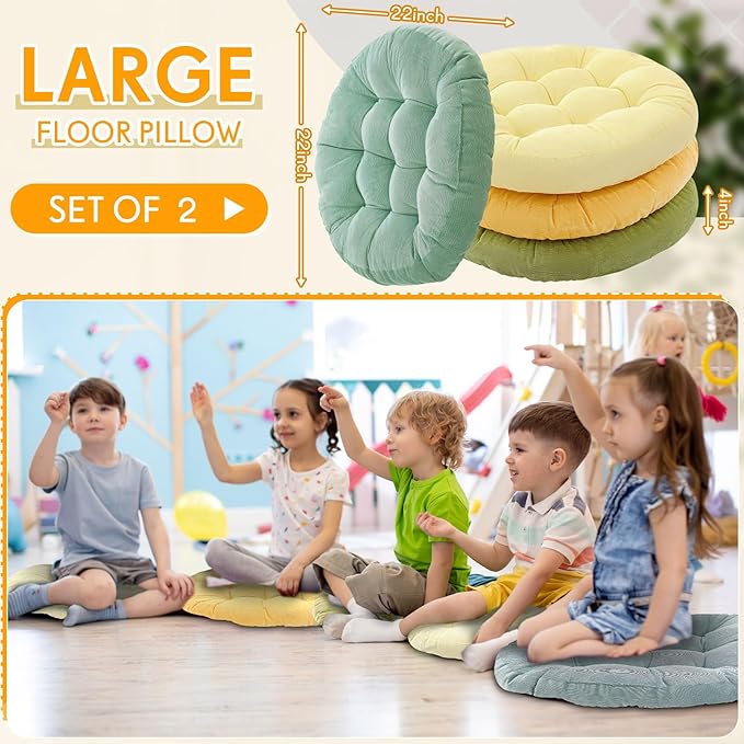 Jerify Floor Pillow Cushions Large Round Square Large Meditation Floor Pillow for Classroom Adult Meditation Picnic Party Seating Learning Daycare School(Round,Yellow-Green,4 Pcs)
