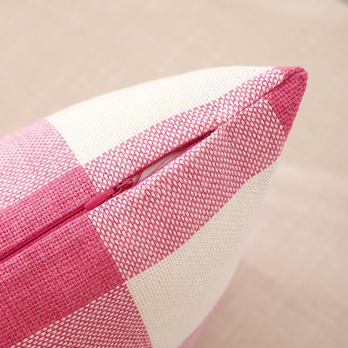 CARRIE HOME Pink Accent Pillows Decorative Throw Pillow Covers 20x20 Set of 2 Pink Gingham Farmhouse Pillow Covers 20 x 20, Boho Plaid Room Decor for Couch Porch Patio and Yard