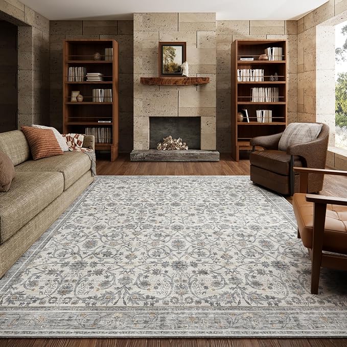 6x9 Washable Rug Vintage Fade Resistant Boho Distressed Non-Slip Indoor Large Carpet Low Pile Lightweight & High-Traffic Safe for Bedroom, Dorm, Playroom - Farmhouse Decor