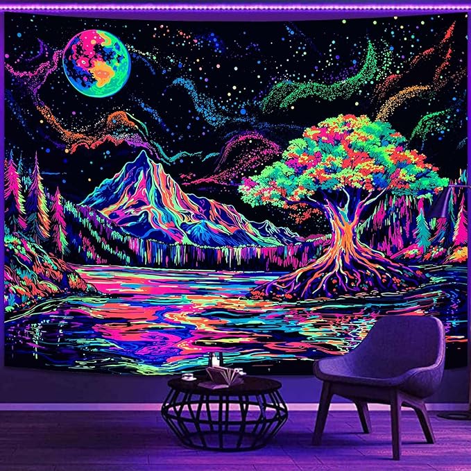 Zussun Blacklight Mountain Forest Tapestry Hippie Tree of Life Tapestries for Bedroom Aesthetic Glow in The Dark Moon and Stars Tapestry Wall Hanging for Living Room Dorm 48 × 36 Inch