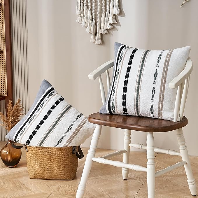 Boho Chenille Throw Pillow Covers 18x18 Inch Square Farmhouse Decorative Pillow Covers Set of 2, Beige Striped White Couch Protectors Soft Pillowcase Covers with Zipper for Sofa Bed