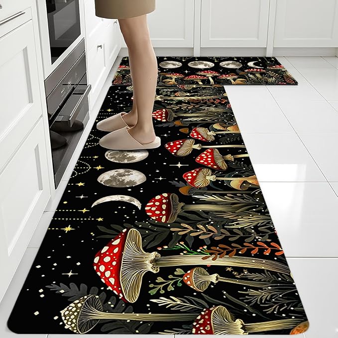 Mushrooms Rugs for Kitchen Floor,Moon Anti Fatigue Mats for Kitchen Floor Non Slip, 2PCS Rubber Kitchen Mat, Washable Cushioned Runner Carpet Rug for Sink Laundry 15.7"×27.5" +15.7"×47" 3.5mm Black