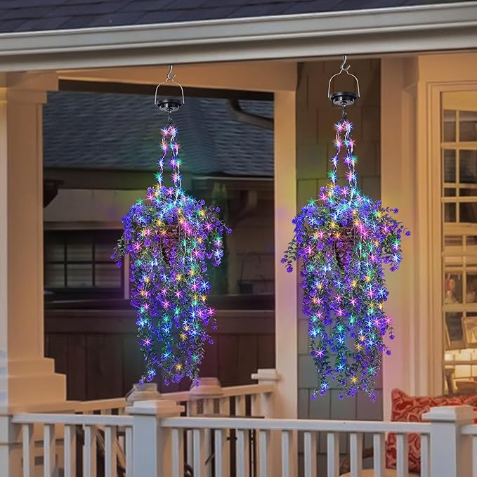 Lighted Artificial Flowers Basket for Hanging: Handmade Rattan Hanging Basket with Light up Fake Flowers for Porch Garden - 2 Pack Cone Fowers Basket with Solar Lights for Wedding Party Home Decor