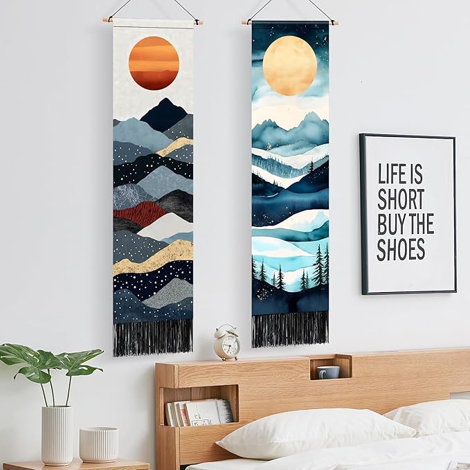 AOHMPT Pack of 2 Long Vertical Tapestry,Nature Landscape Tapestry with Serene Mountain River, Moon & Sun Motifs,Traditional Ink Painting Wall Art,Zen Aesthetic Wall Hanging for Living Room Bedroom Decor 13" W x 51" H"