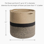TIMEYARD Sturdy Jute Rope Plant Basket Modern Woven Baskets for 10" Flower Pot Floor Indoor Planters, 11” x 11” Storage Organizer Basket Rustic Home Decor, Black and Beige Stripes