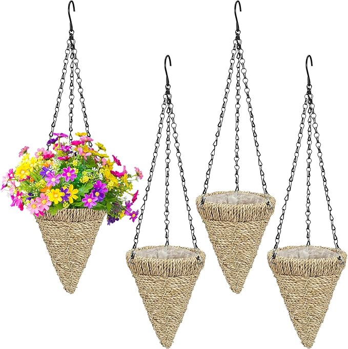 4 Pcs Hanging Plant Flower Basket for Outdoor Spring Decoration, 7.87 Inches Black Iron Chain Wicker Woven Conical Artificial Flower Hanging Basket, Plants Not Included (Brown)