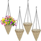 4 Pcs Hanging Plant Flower Basket for Outdoor Spring Decoration, 7.87 Inches Black Iron Chain Wicker Woven Conical Artificial Flower Hanging Basket, Plants Not Included (Brown)