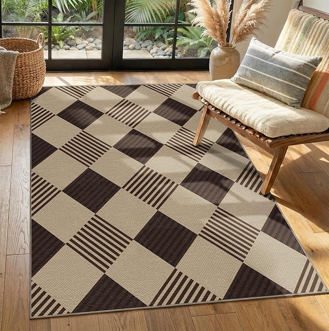Washable Easy Jute 3x5 Entryway Rug - Door Mat Indoor Entrance, Diamond Rug for Entry Way, Kitchen, Low Pile Light Brown Geometric Striped Woven Front Door Décor