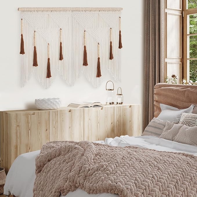 ANROYE Large Macrame Wall Hanging, Boho Woven Tapastry with Wood Bead Tassel, Above Bed Minimalist Decor for Bedroom, Bohemian Art Decoration for Living Room Apartment Home