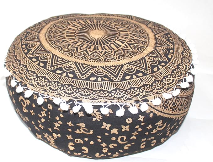 INDIAN CRAFT CASTLE ICC Black Gold Mandala Mandala Barmeri Large Floor Pillow Cover Cushion Meditation Seating Ottoman Throw Cover Hippie Decorative Zipped Bohemian Pouf Ottoman Cases 16" Round