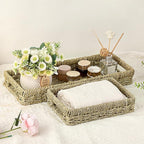 Bathroom Vanity Tray, Seagrass Long Narrow Counter Tray with Handles, Decorative Woven Organizer Trays for Toilet Tank, Shelves, Farmhouse Hand Towel Basket Holder for Storage, Natural (Large)