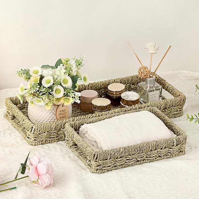 Bathroom Vanity Tray, Seagrass Long Narrow Counter Tray with Handles, Decorative Woven Organizer Trays for Toilet Tank, Shelves, Farmhouse Hand Towel Basket Holder for Storage, Natural (Large)