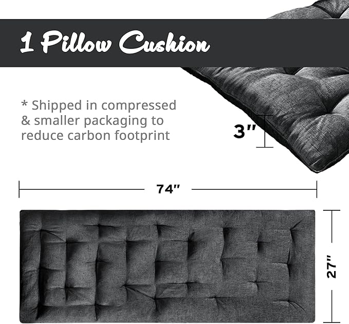 Intelligent Design Floor Pillow Lounger Luxurious Chenille Tufted, Piping Border, 3" Floor Lounger for Naps, Yoga, Games, Roll-Up & Travel-Friendly Sleeve Handle, Edelia, 27"W x 74"L x 3"H Charcoal