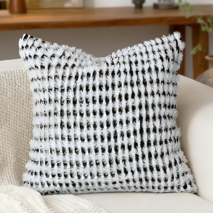 Boho Chenille Tufted Pillow Cover 20x20 Inch Set of 1, Farmhouse Striped Decorative Pillow Covers Accent Fluffy Neutral Square Pillowcases for Couch Sofa Bedroom Living Room, Black White