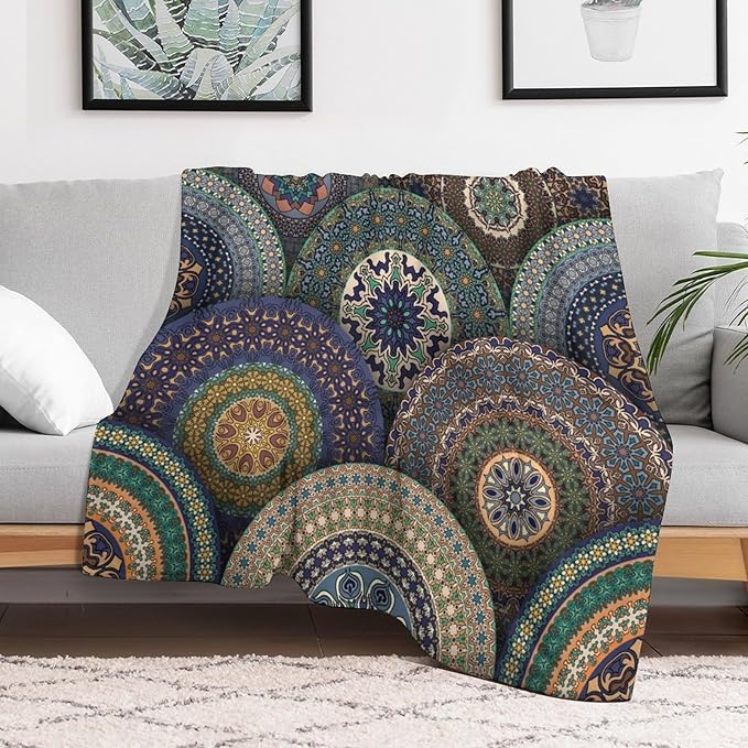 Indian Bohemian Throw Blanket Mandala Design Colorful Boho Floral Pattern Paisley Blanket for Sofa Bed Couch Chair Or Dorm 50"x60"