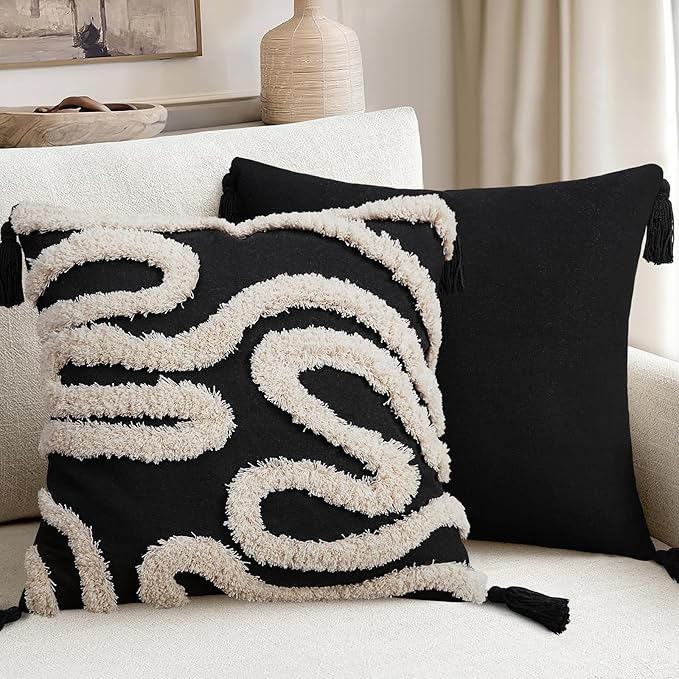 Adabana Black and Beige Pillow Covers Decorative Tufted Abstract Throw Pillows Cover Modern Farmhouse Home Decor for Couch Living Room Safa Bed,18X18 Inch
