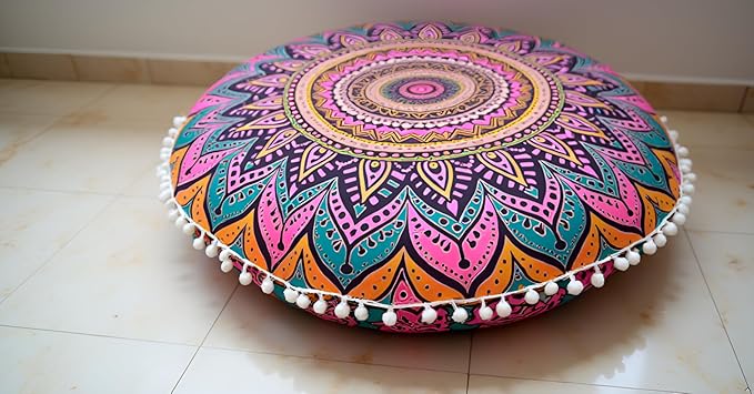 CRAFT KALA 32 Inch Meditation Floor Pillows Cover Round Pillow Seating Hippie Decorative Bohemian Mandala Floor Cushion Cover Outdoor Yoga Living Room Throw Ottoman Poufs Cover (32", New Pink Ombre)