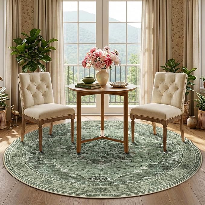 Area Rugs 5ft Washable Non-Slip, Floral Vintage Distress Print Pattern Medallion Carpet for Living Room Bedroom Dining Room, Dark Green Gray