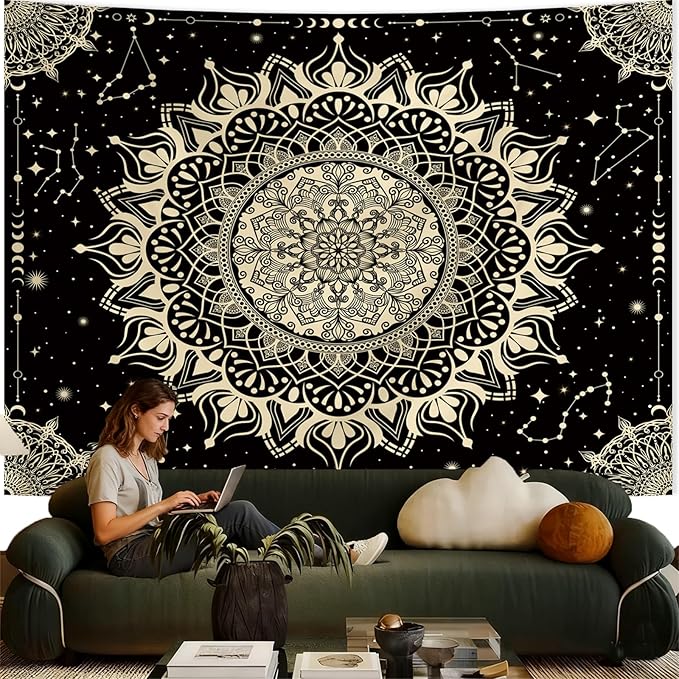 Apdidl Boho Black Mandala Tapestry for Bedroom Aesthetic, Hippie Decor Space Astrology Wall Art Ceiling Tapestries, Vintage Bohemian Indian Golden Blanket Wall Hangings for Living Room 60" X 79"