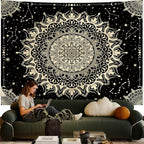 Apdidl Boho Black Mandala Tapestry for Bedroom Aesthetic, Hippie Decor Space Astrology Wall Art Ceiling Tapestries, Vintage Bohemian Indian Golden Blanket Wall Hangings for Living Room 71" X 90"