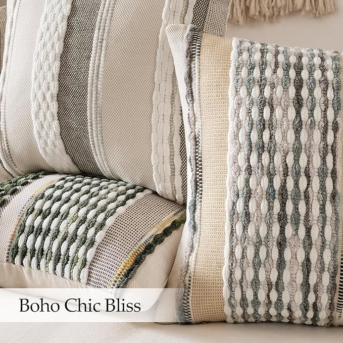 ANRODUO Pack of 2 Boho Decorative Throw Pillow Covers 26x26 Farmhouse Cushion Case Striped Chenille Pillow Cases Square Pillow Covers Accent Neutral Pillowcase for Sofa Couch Bed, Gray Blue Stripe