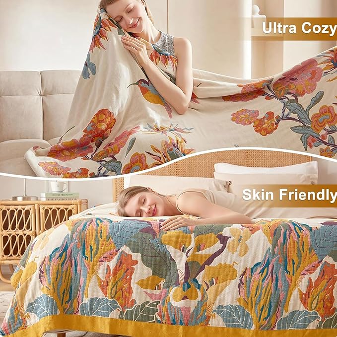 Boho Throw Blanket - 100% Cotton Soft Spring Throw Blanket for Bed, 50"x60" Reversible Breathable Lightweight Blankets, All Seasons Farmhouse Decor Floral Plant Butterfly Throw Quilt